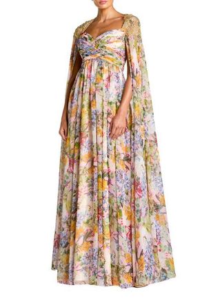 Mac Duggal Printed Chiffon Gown With Beaded Cape Sleeves in Pastel Multi at Nordstrom, Size 10