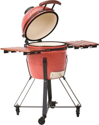 Beliani Barbacoa De Carb&oacute;n Cer&aacute;mica Con Ruedas Para Exteriores Con Tapa Y Term&oacute;metro Parrilla De Cocci&oacute;n Rojo Kamado