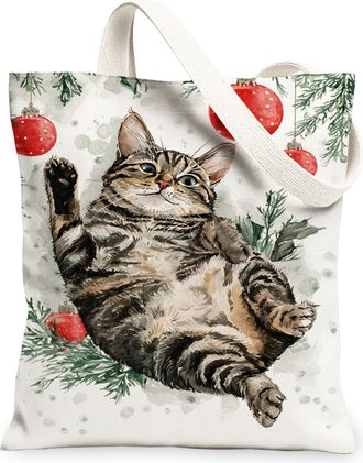 Generic Christmas Cat Canvas Tote Bags, Holiday Animal Pattern Reusable Bags, Vintage Lightweight Washable Shoulder Strap Canvas for Travel Beach Picnic 13x15