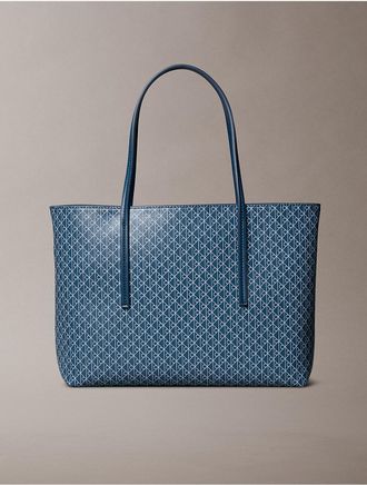 Calvin Klein Womens Allover Emblem Logo Small Tote Bag with Pouch - Blue