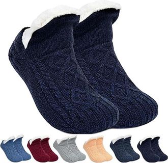 Generic Thermal Slipper Socks Women Men, Indoor Non-slip Thermal Socks, V-mouth Fluffy Slipper Sock, Winter Slipper Home Sock (X-Large,Navy Black)