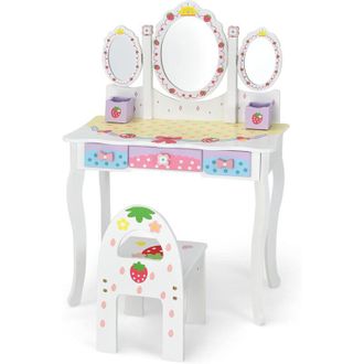 Costway Costway - Set Toeletta per Bambini - Specchio Tripartito, Tavolo Toeletta, Sedia per Bambini, 3 Cassetti 2 Scatole, Design colorato di graffiti, Rosa
