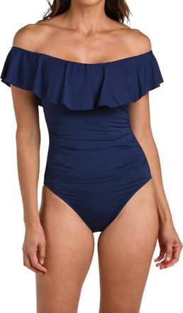 La Blanca Island Goddess Off Shoulder Ruffle One Piece Swimsuit In Indigo