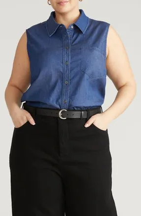 Universal Standard Perfect Sleeveless Chambray Shirt in Midnight Blue at Nordstrom, Size Xx-Large