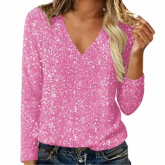 Generic Womens Sequin Tops Elegant Shimmer Glitter Shirts Ladies Long Sleeve Party Tops V Neck Blouses Sparkly Rhinestone Evening Tunic Top Casual Plus Size T