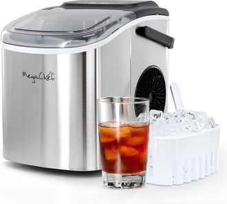 MegaChef 26 Pound Countertop Stainless Steel Bullet Ice Maker with Basket and Scooper