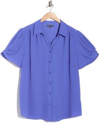 Adrianna Papell Gathered Short Sleeve Button-Up Shirt in Dusty Cobalt at Nordstrom Rack, Size 1X