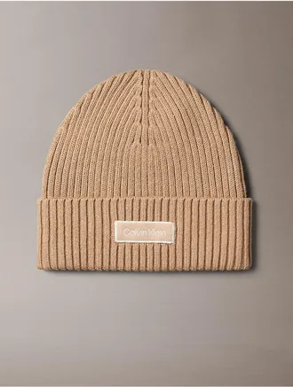 Calvin Klein Womens Logo Patch Rib Beanie - Brown - OS