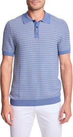 Paisley & Gray Trim Fit Geometric Knit Polo in Dusty Blue & White at Nordstrom Rack, Size Xx-Large