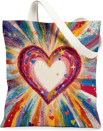 Generic Heart Pattern Canvas Tote Bags, Colorful Artistic Reusable Grocery Bags, Summer Vibrant Lightweight Washable Shoulder Strap Canvas for Travel Beach Pi