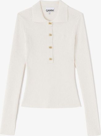 Ganni White Fine Sequin Knitted Polo