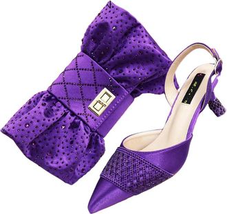 Generic Womens Luxury Shoes and Bags Matching Set Pointed Toe High Heel Sandals Sparkly Rhinestone Bow Bag Purple