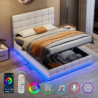 Matteo Cream White Ottoman Double Bed Frame with RGB LED Lighting, Hydraulic Storage & Adjustable Tufted PU Leather Headboard