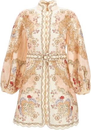 Zimmermann Linen Mini Dress with Floral Print and Scalloped Edges