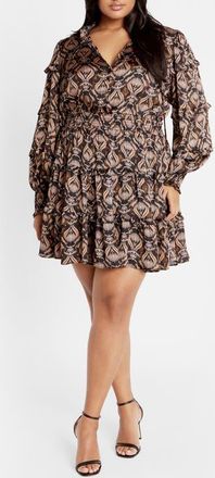 City Chic Mira Ruffle Long Sleeve Dress in Print at Nordstrom, Size Xl
