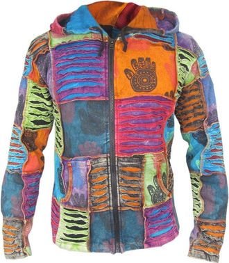 Gheri Mens Hand Print Cotton Colorful Patchwork Slashed Pixie Pointed Hood Jacket Winter X-Large
