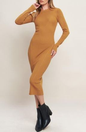 Flying Tomato Long Sleeve Rib Knit Midi Dress in Camel at Nordstrom Rack, Size Medium