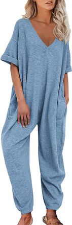 Generic Jumpsuit Womens Cuddly Oversize Jumpsuit Short Sleeve V-Neck Elegant Plain Trouser Suit with Pockets Short Sleeve Festive Wedding Romper Baggy Playsui