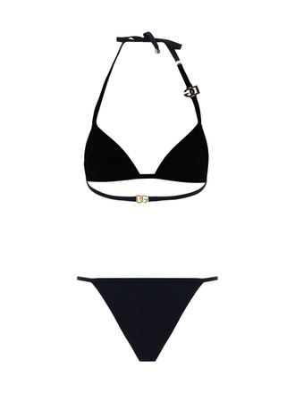 Dolce & Gabbana Womens Triangle Bikini With Gold Plaque Nero Nylon; Elastane Swimwear Sea Clothing
