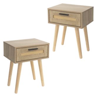 ML Design Ml-design Juego De 2x Mesitas De Noche Con Caj&oacute;n 40x50,5x30 Cm Mueble Estilo R&uacute;stico De Madera Aspecto De Roble Y Rat&aacute;n, Para Sal&oacute;n, Comedor, Dormitor