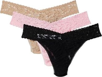 Hanky Panky 3-Pack Original Rise Thong Womens Underwear Black/Chai/Bliss, Cotton/Lace/Nylon