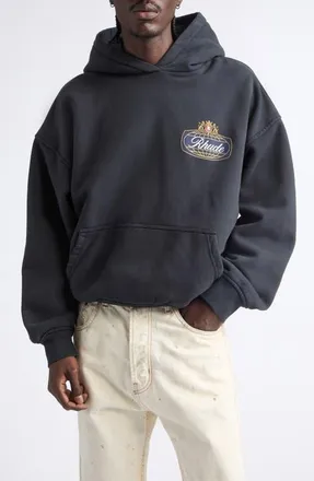 Rhude Safari Crest Oversize Cotton Pullover Hoodie in Vintage Black/blue/red at Nordstrom, Size Xx-Large