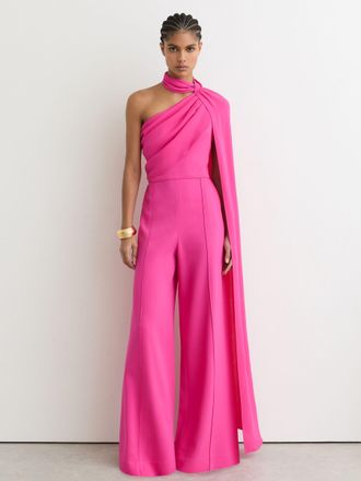Reiss Raspberry Pink Petite One-shoulder Drape Wide-leg Jumpsuit, 14