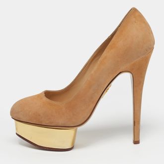 Charlotte Olympia Dolly Size 37.5 Beige Suede Platform Pumps