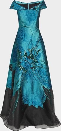 Teri Jon Floral Jacquard Organza A-Line Gown