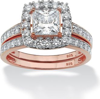 Palm Beach Jewelry 2.15 Cttw. 2-Pc. Rose Gold-plated Silver Princess-Cut CZ Halo Bridal Set