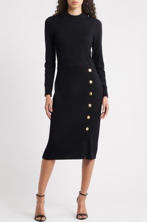 Julia Jordan Button Mock Neck Long Sleeve Midi Dress in Black at Nordstrom, Size X-Large