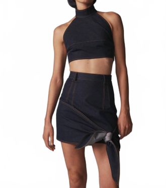 Monse Bow-Tie Halter Denim Bustier In Dark Indigo