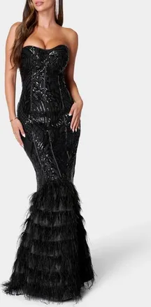 Bebe Sequin Feather Trim Strapless Gown in Black at Nordstrom, Size X-Small