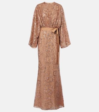 Elie Saab Belted sequined silk-blend gown