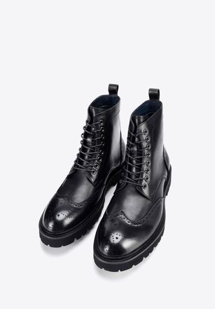 Wittchen Heren geperforeerde leren gevechtslaarzen zwart natuurlijk leer