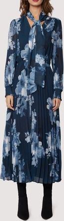 Lost + Wander Josephine Floral Pleated Tie Neck Long Sleeve Dress in Blue Grey Floral at Nordstrom Rack, Size Small