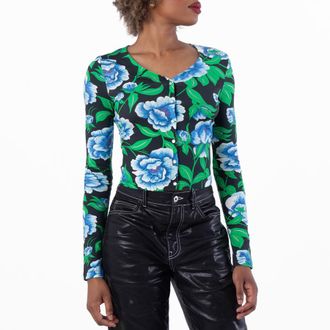 Kenzo All-Over Peonies Print V-Neck Cardigan, Size X-Large