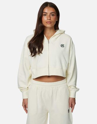 Good For Nothing Felpa con cappuccio corta color panna con zip e monogramma-Bianco