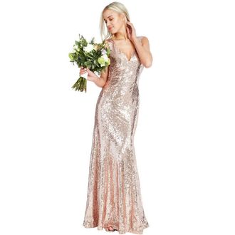 Goddiva New Womens Sequin V-Necked Maxi Prom Party Wedding Bridesmaids Dress 8 Champagne