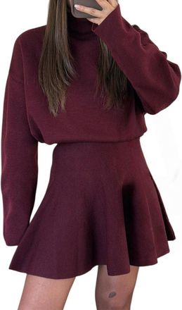 Generic Womens Knit Jumper Dress, Women Sweater Ruffle Hem Dress, Comfortable One-Piece Outfit for Short Fall Dresses for Women (Burgundy,M)