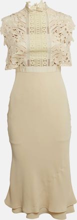 Self Portrait Beige Lace Trim Crepe Midi Dress
