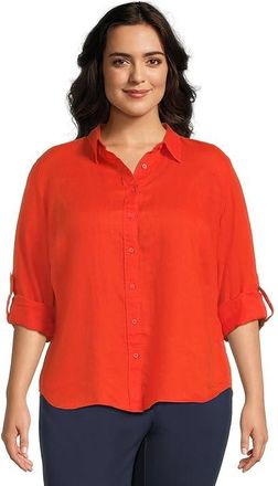 Lauren Ralph Lauren Plus-Size Linen Roll Tab-Sleeve Shirt Womens Clothing Orange Lily : 2X