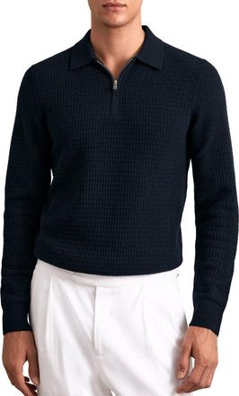 Reiss Hamilton Textured Long Sleeve Wool Quarter Zip Polo in Navy at Nordstrom, Size X-Large
