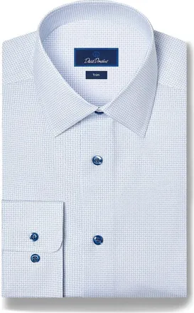 David Donahue Trim Fit Micro Geometric Stretch Dress Shirt in White/blue at Nordstrom, Size 17.5