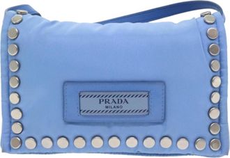 Prada Etiquette Flap Bag Studded Tessuto Blue Nylon Bag (Pre-Owned)