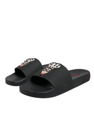 Dolce & Gabbana Logo-Embroidered Leather Slides - Black