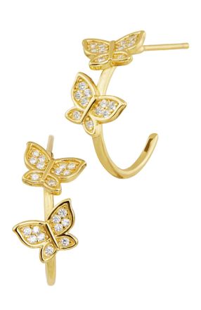 Savvy Cie Jewels GOLD PLATED OVER STERLING SILVER.925 PAVE BUTTERFLY HOOPS