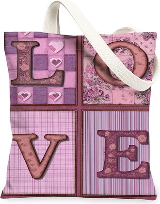 Generic Love Canvas Tote Bags, Floral Pattern Reusable Grocery Bags, Vintage Lightweight Washable Shoulder Strap for Travel Beach P, Peach, 13x15 Inch