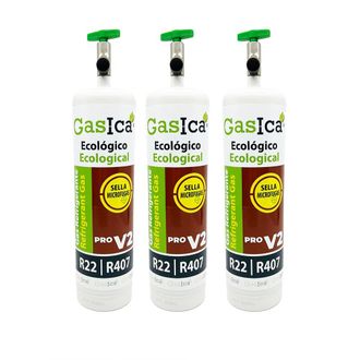 OEM Pack 3 Gasica V2 Pro 400g Sustituto Ecol&oacute;gico R22 R407c Incluye V&aacute;lvula Sellador De Fugas Y Alta Eficiencia