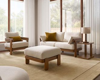 Castlery Eden Loveseat with Ottoman, Performance Anderson Cream, Solid Mahogany Wood, Cream Color, Castlery